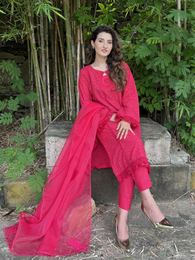 Aatish - Chickenkari Luxury Dress Wrapped in Shocking Pink Charm