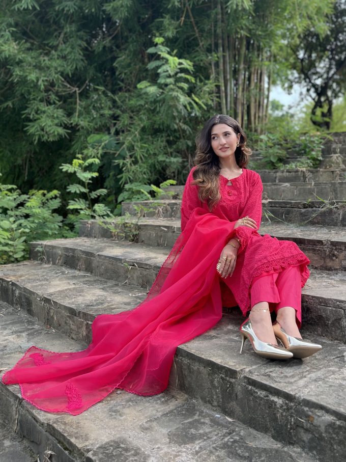 Aatish - Chickenkari Luxury Dress Wrapped in Shocking Pink Charm